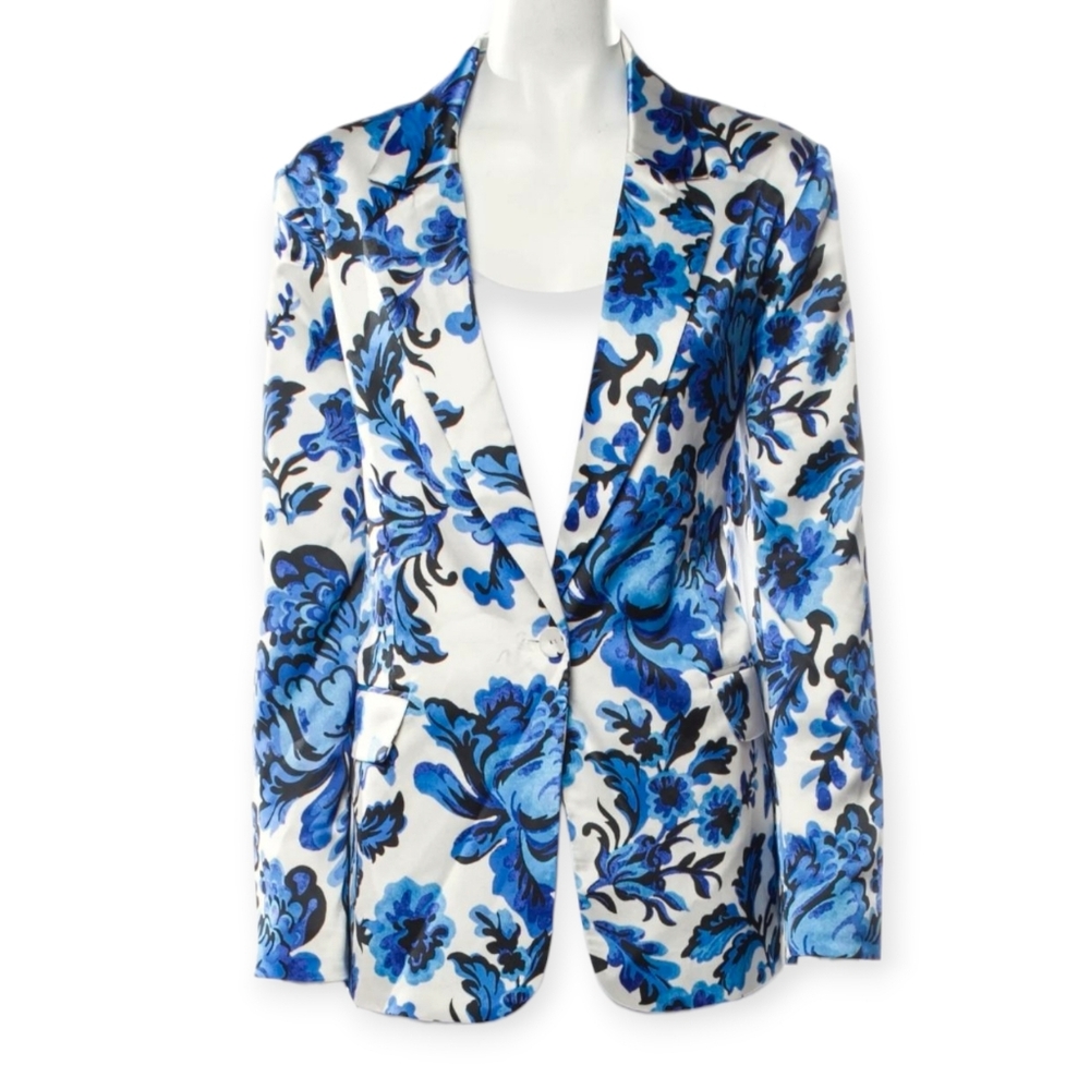 Christian Lacroix Blue White Floral Lined Blazer Suit Jacket Satin Women Size XS